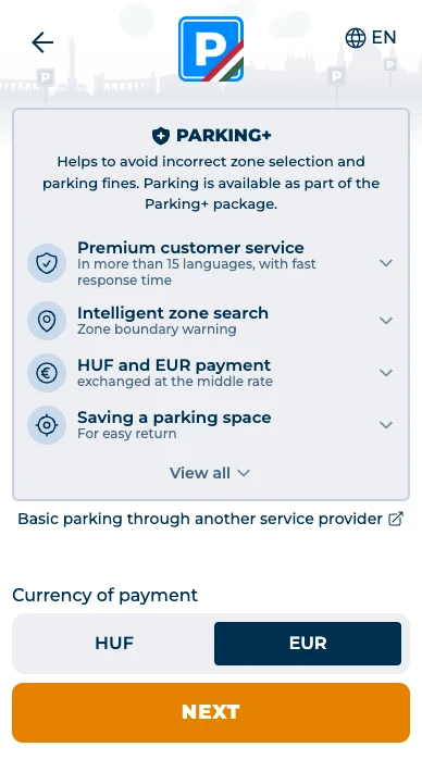 Choose your currency and learn about the PARKING+ package