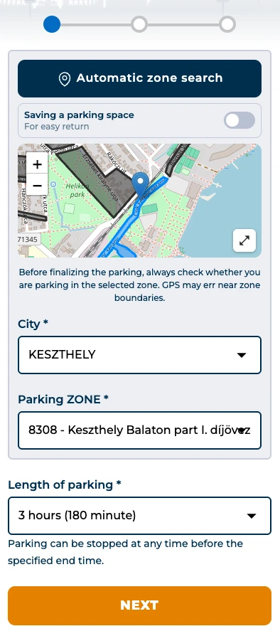 Select city and parking zone